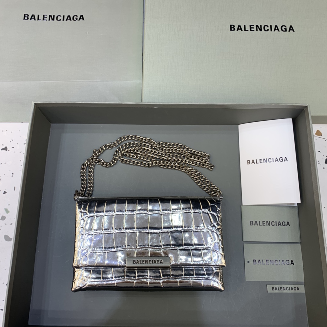 Balenciaga Triplet Small Bag With Chain Crocodile Embossed Calfskin Shouler Bag Silver